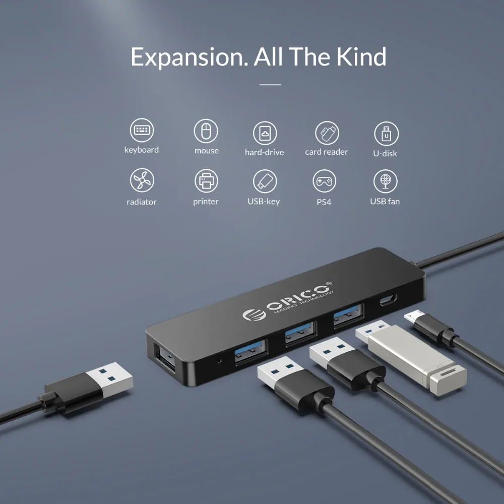ORICO USB3.0 концентратор с интерфейсом питания мульти 4 порта USB разветвитель OTG адаптер Поддержка 5 Гбит/с 12 ТБ HDD для ПК компьютер Ноутбук