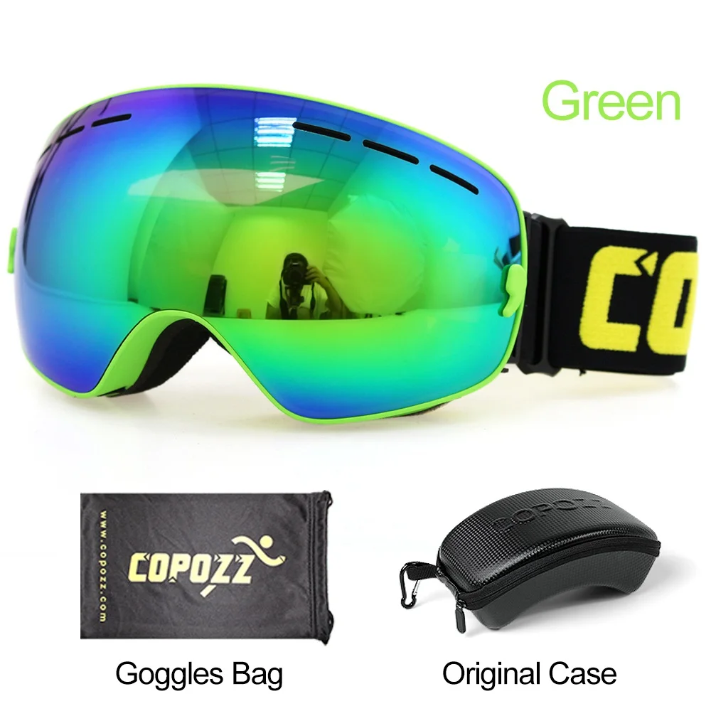 Frame green with box COPOZZ брендовые лыжные очки для мужчин и женщин, очки для сноуборда, очки для катания на лыжах с защитой от уф400 лучей, лыжные очки, противотуманные лыжные маски - Цвет: Frame green with box