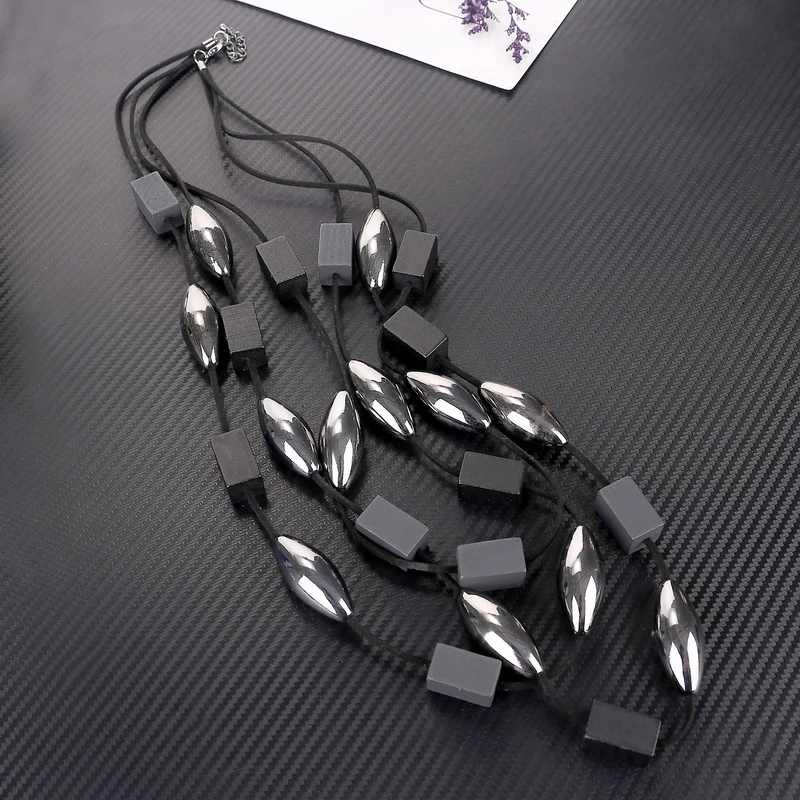 Ожерелье женское многослойное из черного дерева длинная массивная цепь с