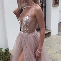 sexy bean pink tulle long prom dresses 2020 new backless sweep train beads a line special occasion formal evening gowns custom
