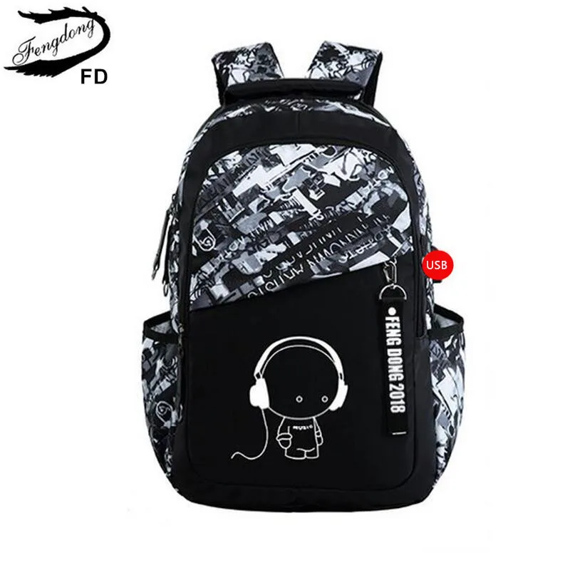 Мужской большой школьный рюкзак Fengdong, черный Водонепроницаемый Школьный рюкзак для мальчиков-подростков с usb-разъемом и местом под книги, о...