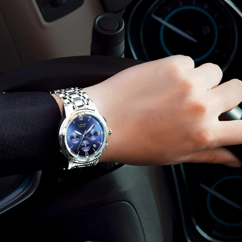 Часы наручные LIGE мужские с хронографом Брендовые спортивные водонепроницаемые