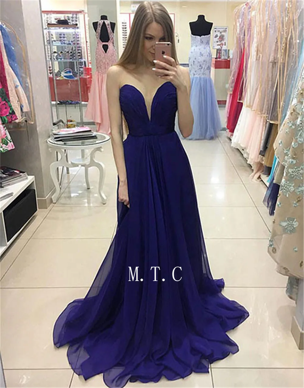 

2019 High Quality Dark Blue Chiffon Evening Dress Sweetheart A Line Floor Length Long Formal Occasion Dresses Vestido De Festa