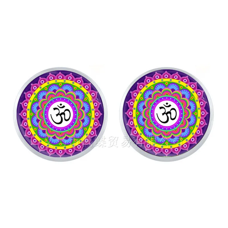 Винтажный стеклянный кабошон OM Йога Мандала женские серьги-гвоздики