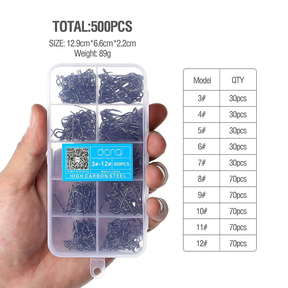 DONQL 200-600 шт/коробка колючие рыболовные крючки 3#-12# карп одинарный рыболовный крючок набор рыболовные принадлежности из углеродистой стали джиг морские крючки - Цвет: 500pcs