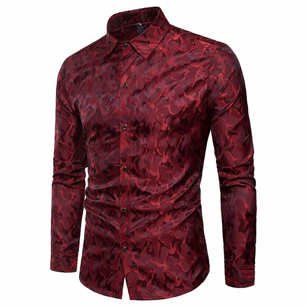 Wine Red Осенняя Хлопковая мужская приталенная полосатая Повседневная рубашка на пуговицах с длинным рукавом, формальная верхняя блузка, камуфляжный дизайн, шелковая ткань, Camisa Hombre - Цвет: Wine Red
