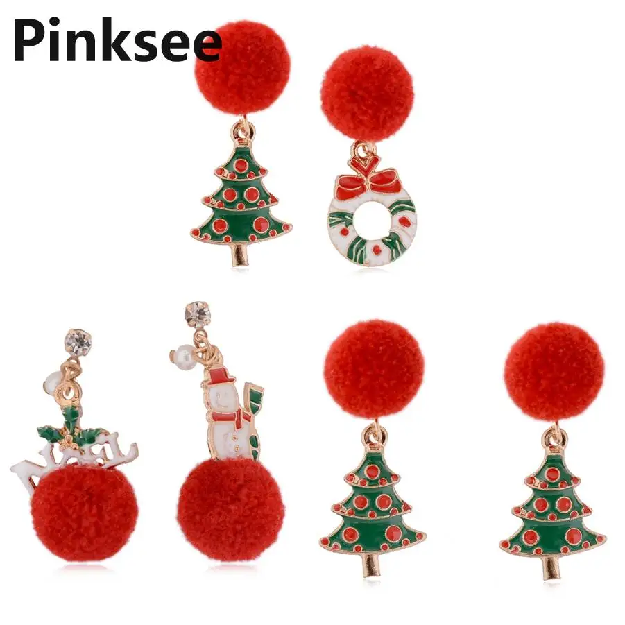 

New Fashion Women Santa Claus Snowman lovely Tree Christmas Jewelry Pom pom Christmas Earrings For Women Best Gifts