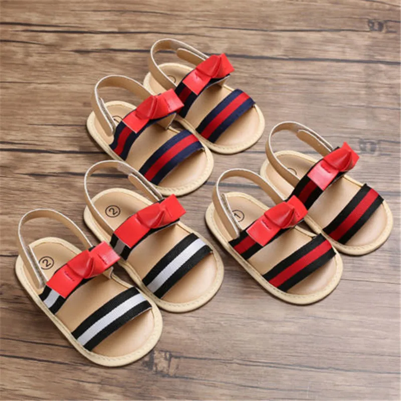 Полосатые Лоскутные с бантом сандалии сабо новые детские из искусственной кожи