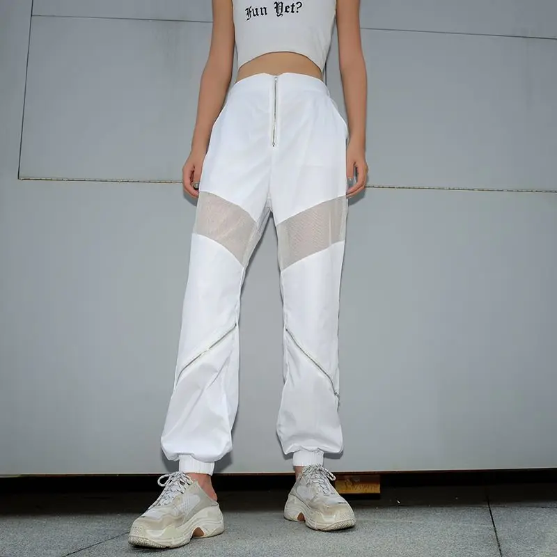 Woherb Summer Harajuku Cargo Pants Women Full Length White Trousers Modis Gauze Patch Perspective High Waist Pant 22655