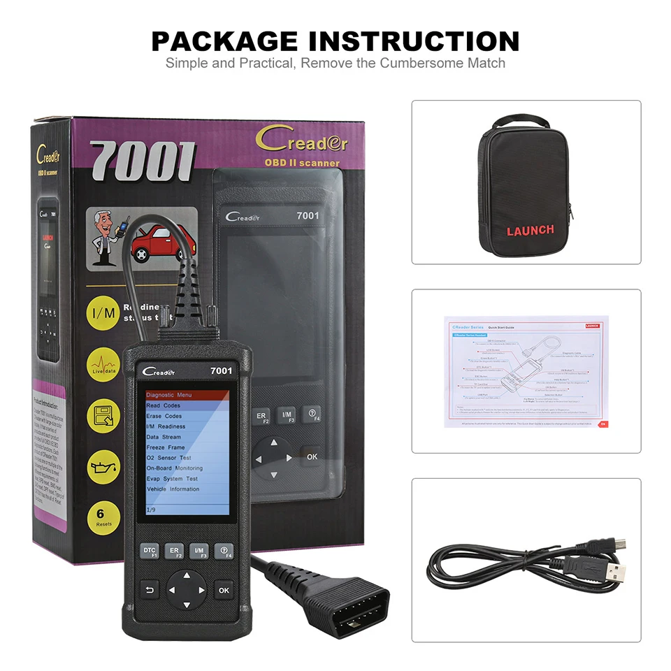 LAUNHC CR7001 автомобильный диагностический инструмент Creader 7001 OBDII OBD2 сканер кода со