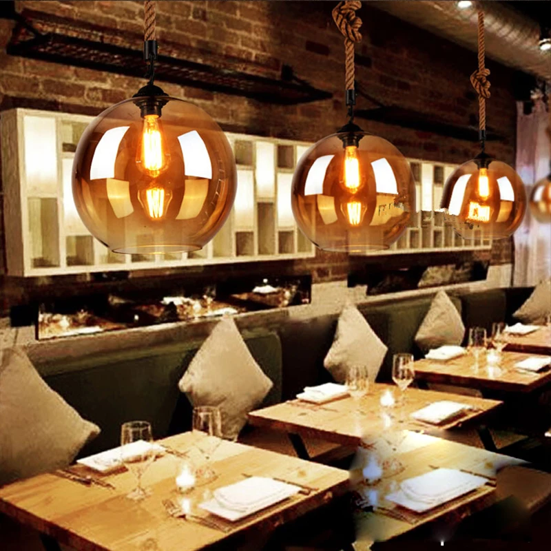 Винтажное Янтарное стекло шар пеньковая веревка Подвесные светильники Лофт