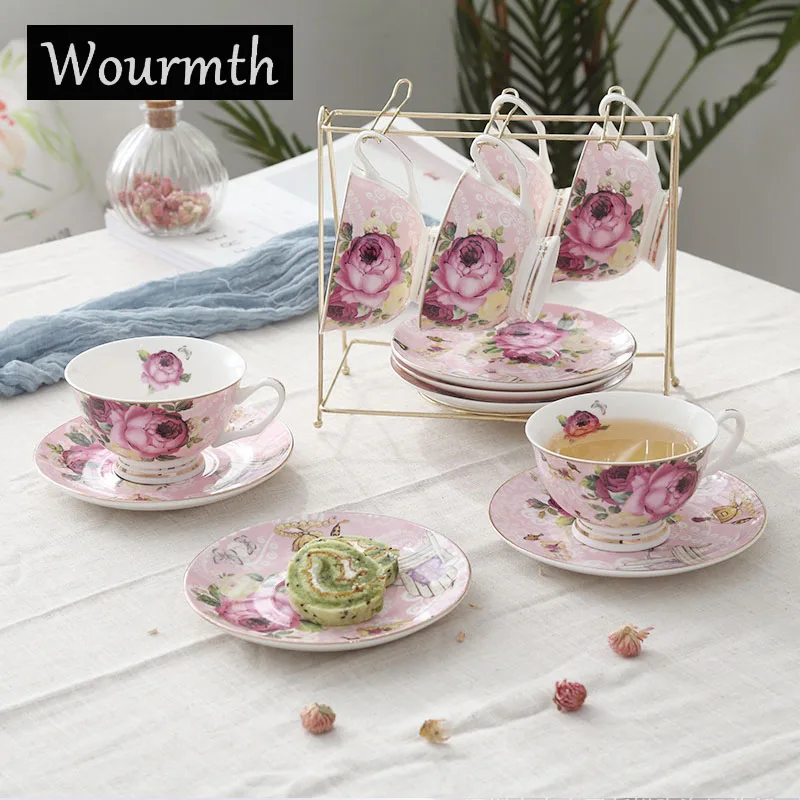 Pink 6 cup 6 saucer Wourmth европейские цветочные чайные чашки чайный горшок набор может быть стекло с обогревом чайный горшок костяного фарфора чайная чашка и блюдце послеобеденный чайный Ресторан - Цвет: Pink 6 cup 6 saucer