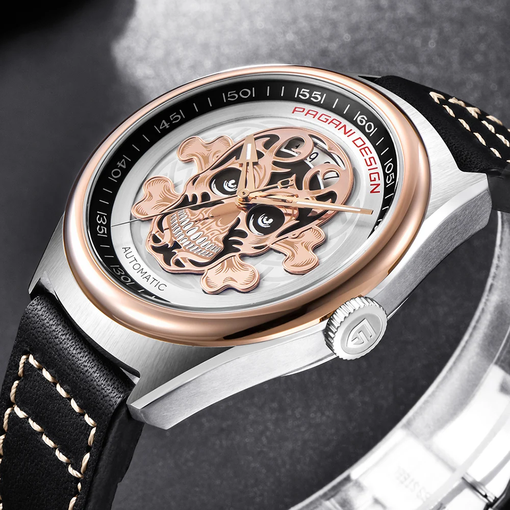 PAGANI DESIGN Brand Men's Classic 3D Skull Punk Style Mechanical Watches Waterproof 30M Genuine Leather Luxury Automatic Watch | Наручные