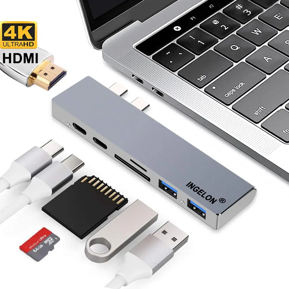 

USB-концентратор Ingelo 7 в 1 для MacBook Pro, 13 "15" адаптер Duo Type C, 5 Гбит/с, PD 4K HDMI, microSD/SD RJ45, Lan разветвитель, металлическая фотография