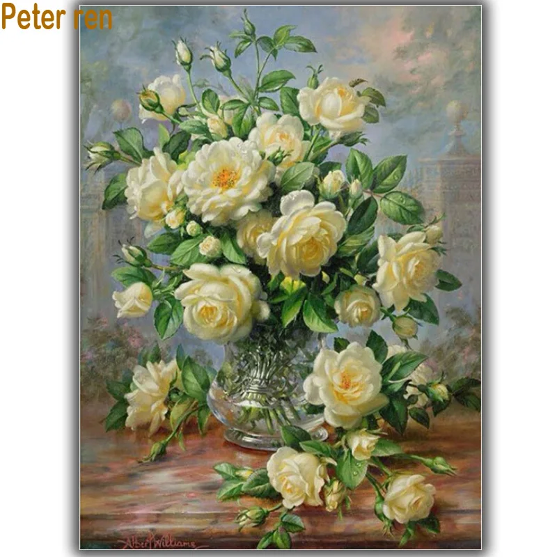 

Peter ren Diy Diamond painting Cross stitch sets Diamond embroidery White Rose 3d square drill rhinestone full image Needlework