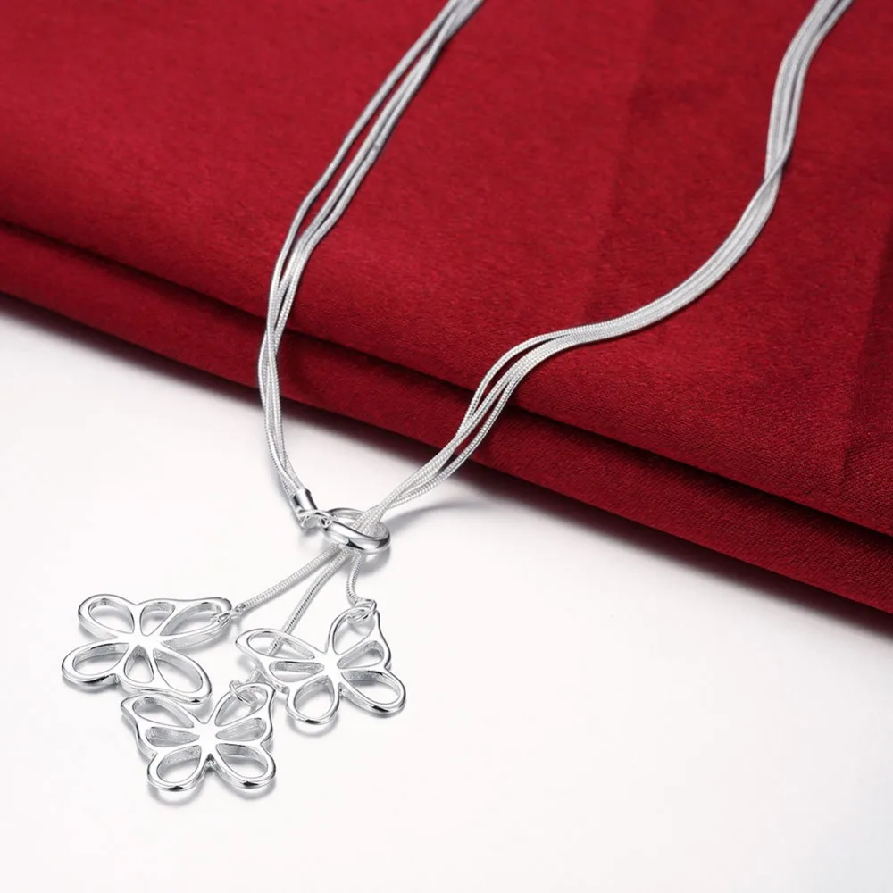Women's jewelry 925 stamp silver plated three Butterfly charms Taiji Hanging necklace Colar de Prata gift pouches free shipping |