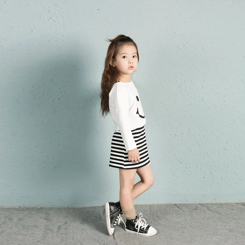 2017 Весна Осень Мода Стиль Девушки Одежда Наборы Дети Полоса Жилет Юбка Рукава