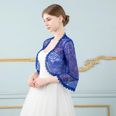 Royal Blue Элегантный женский черный кружевной жакет для свадебного платья с длинным рукавом и аппликацией Болеро для вечеринок - Цвет: Royal Blue