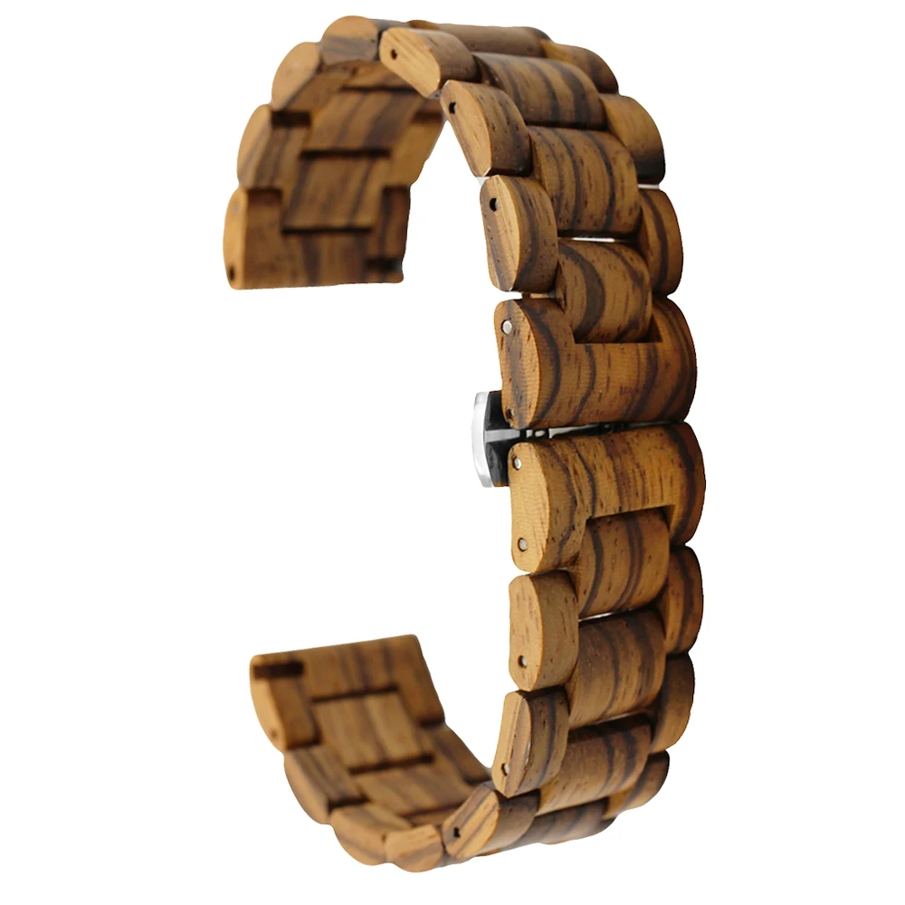 Wooden Watch Band 22mm for Tissot 1853 Stainless Steel Butterfly Buckle Quick Release Strap Wrist Loop Belt Bracelet Brown + Pin