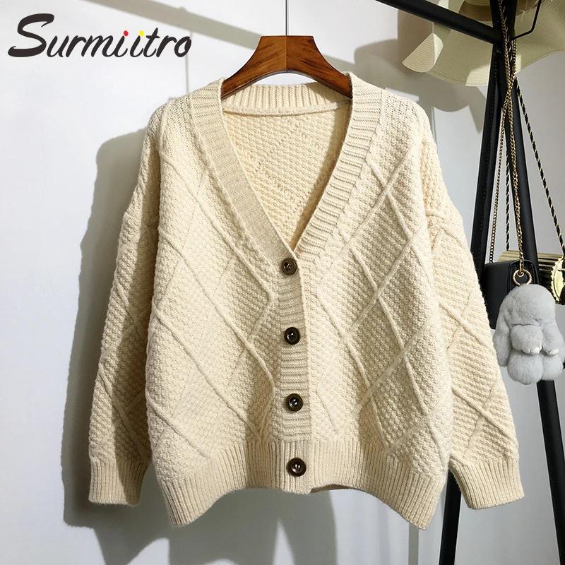 Surmiitro Coarse Knitted Cardigan Women 2020 Autumn Casual Korean Ladies Long Sleeve Winter Sweater Tricot Coat Jacket Female |