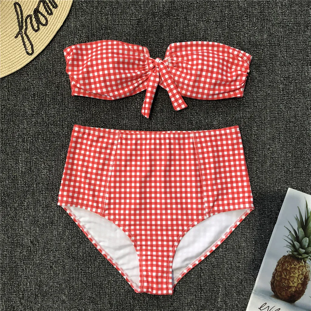 Женский купальник в красную клетку с v образным вырезом пуш ап бюстгальтер
