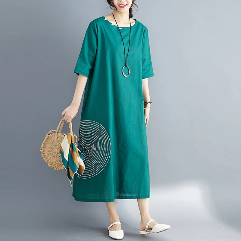 Dark Green EaseHut, женское этническое платье, Круглый Круг, вышивка, половина рукава, о-образный вырез, карманы, свободное, мешковатое, негабаритный халат, винтажные длинные платья - Цвет: Dark Green