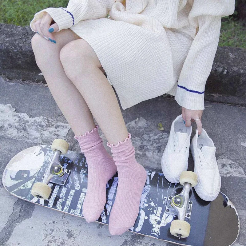 Модные милые женские хлопковые однотонные вязаные повседневные чулки до