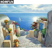 homfun paint with diamond embroidery seaside town diamond painting full square round picture of rhinestone decor a06739