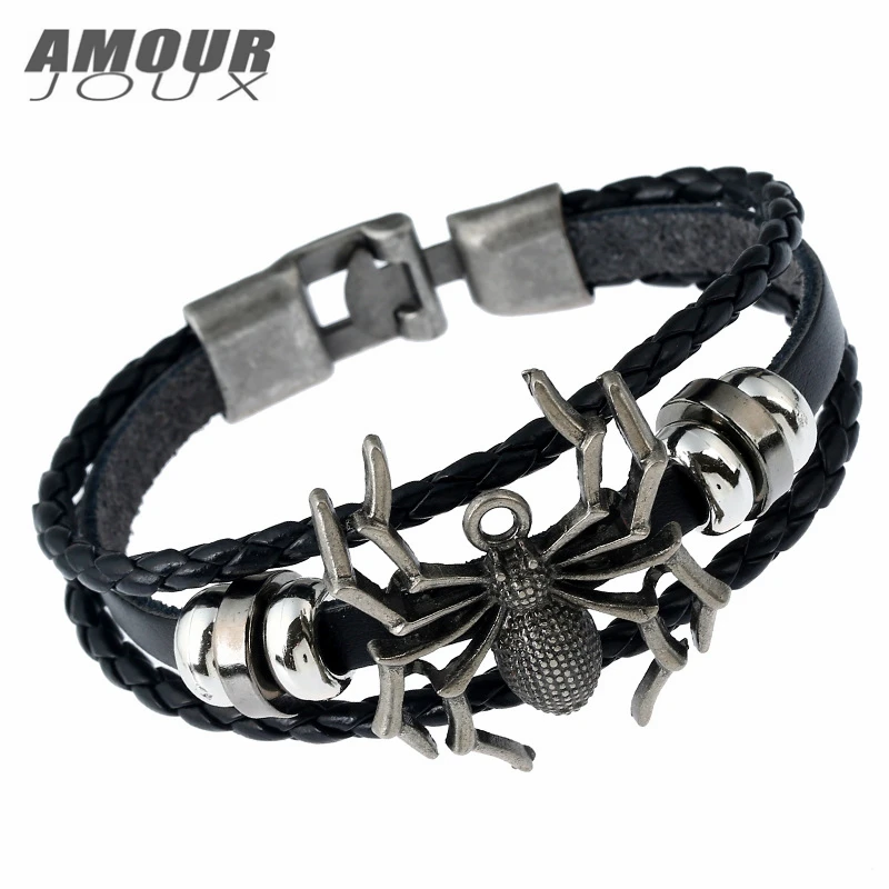 AMOURJOUX панк черный натуральная кожа плетеный паук браслеты с подвесками для