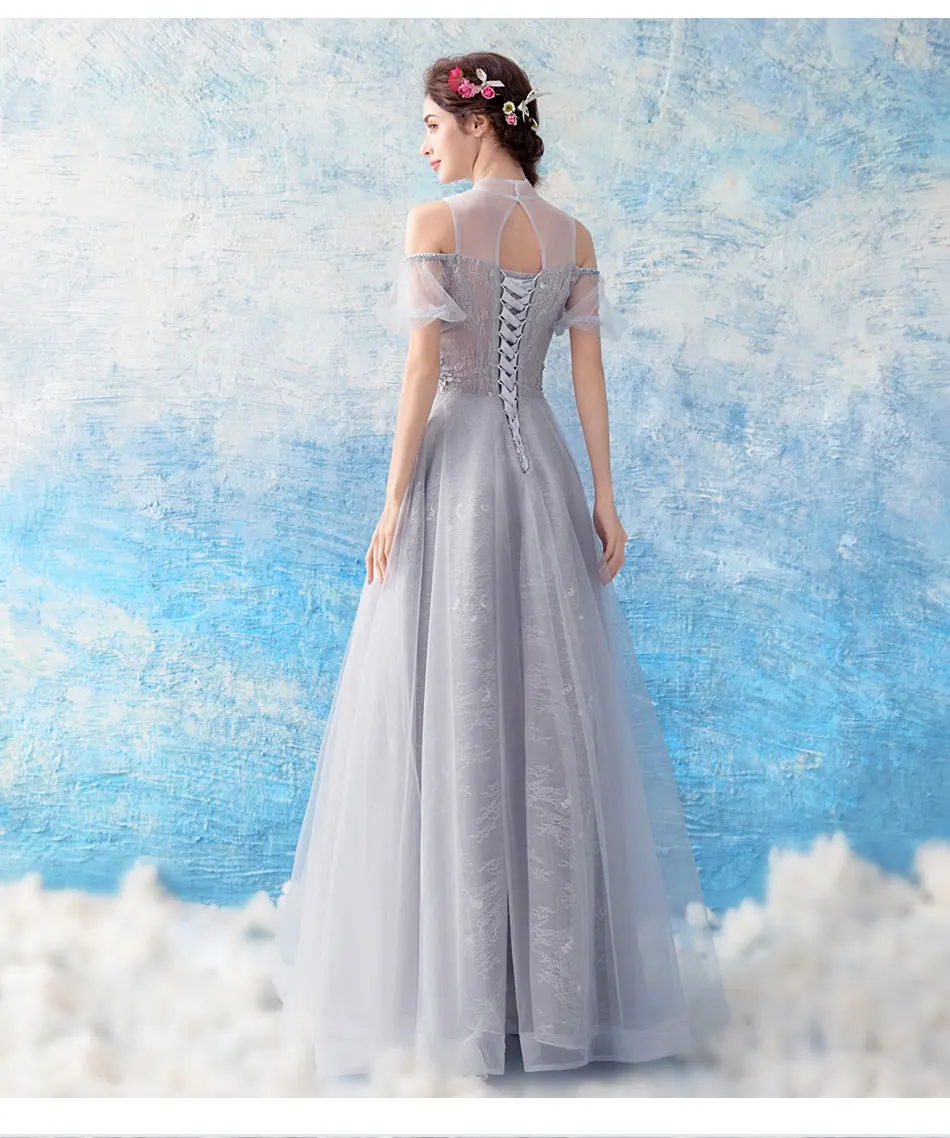 Серый Вечерние платья Топ See Through Кружево Аппликации линии Vestiti Eleganti Donna Cerimonia Sera