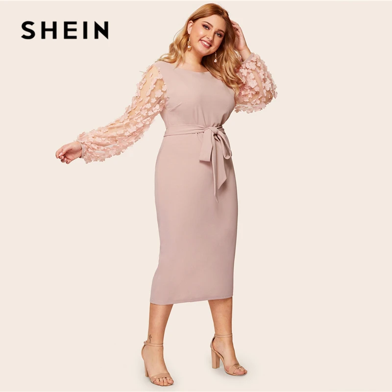 SHEIN Размера Плюс Платье Карандаш С Поясом Сетчатым Рукавом И 3D Вставкой Женские Романтические Элегантные Платья с Высокой Талией