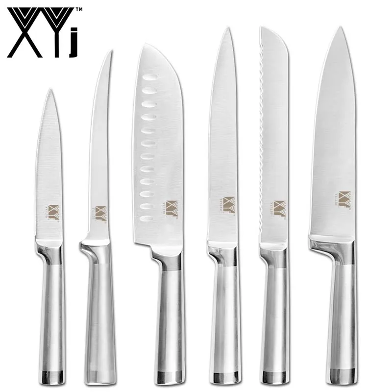E.6pcs set XYj, набор кухонных ножей из нержавеющей стали, шеф-повара, обвалка для хлеба, Santoku, нож для очистки овощей, точилка, 8 дюймов, подставка для ножей - Цвет: E.6pcs set
