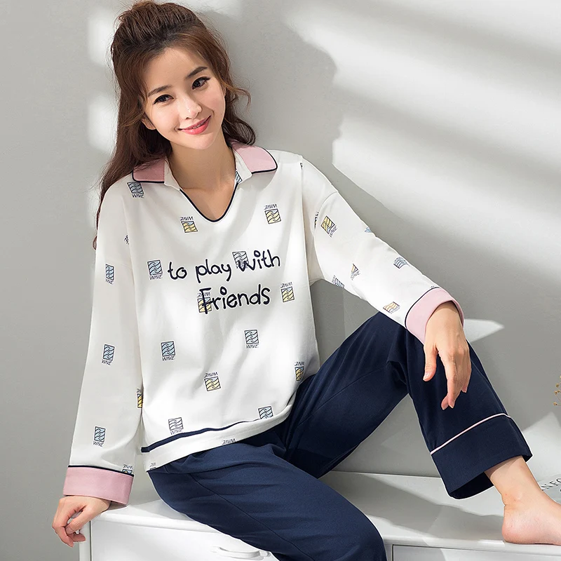 

Autumn Winter 100%Cotton Long Sleeve Couple Pajamas Set Round Neck Loose Leisure Plus Size M-3XL Pyjamas For Female And Male