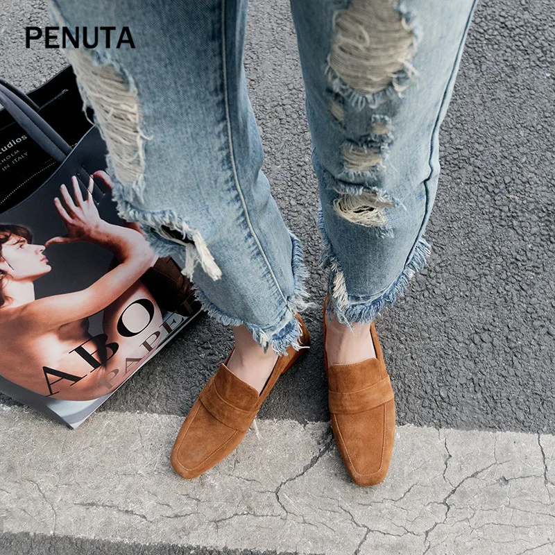PENUTA/; замшевые женские лоферы в европейском стиле; высококачественные туфли на плоской подошве кофейного цвета; удобные туфли без задника с круглым носком; PF901