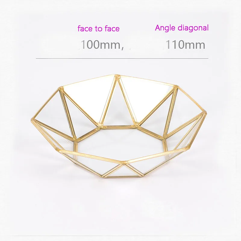

Retro Brass Makeup Storage Tray Golden Polygon Glass Dessert Snack Plate Makeup Jewelry Plate Home Kitchen Decor