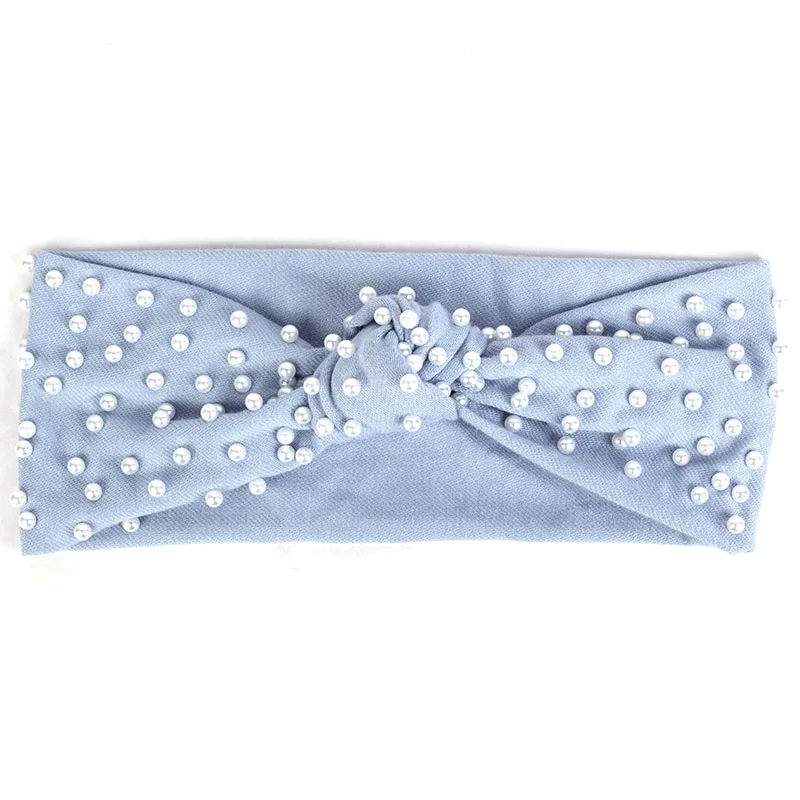 White Light Blue Модные жемчужные бусы ребристые повязки для волос для женщин Boho завязанные полосатые эластичные хлопковые повязки на голову женские тюрбан Обертывания Аксессуары для волос - Цвет: White Light Blue