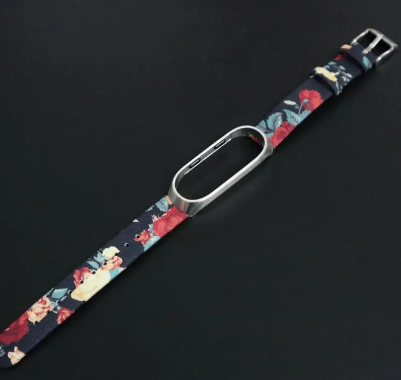 red leather- silver Браслет с цветочным принтом для mi band 3, кожаный металлический ремешок для Xiao mi Band 3, чехол из нержавеющей стали, браслет - Цвет: red leather- silver