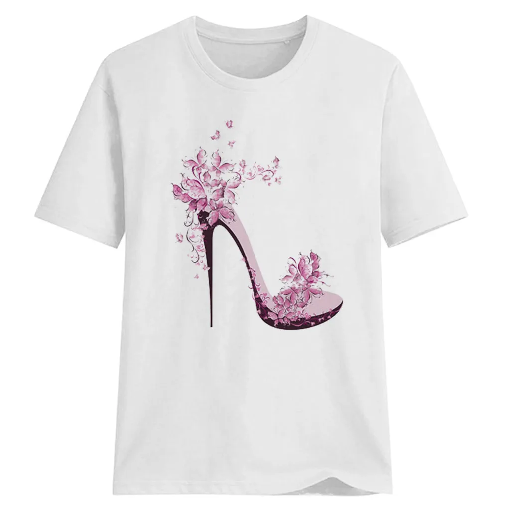 White Feitong/женская футболка с коротким рукавом на высоком каблуке; топы с принтом; пляжная Повседневная Свободная футболка с круглым вырезом; Camiseta Mujer; женская футболка - Цвет: White