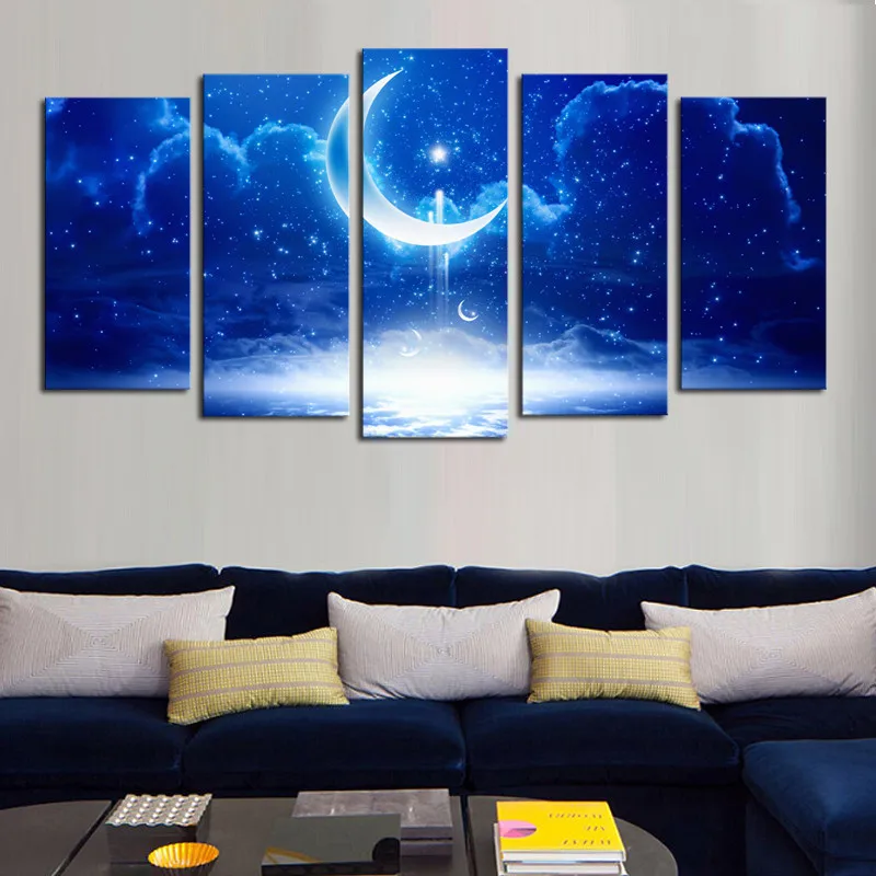 Poster 5 Panels Modern Decorative Picture Wall Pictures for Living Room Moon Starry blue night Sky | Дом и сад