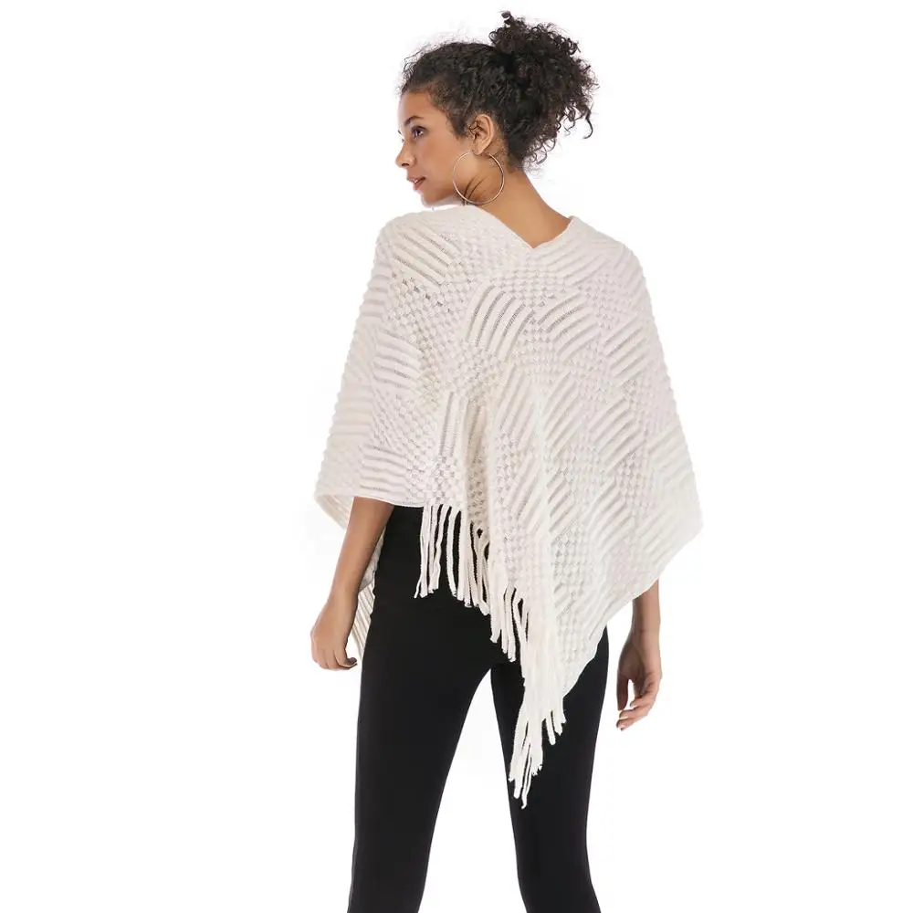 Women's V-Neck Fur Ball Shawl Cape Tassel Irregular Knitted Coat High Quality Free Size |