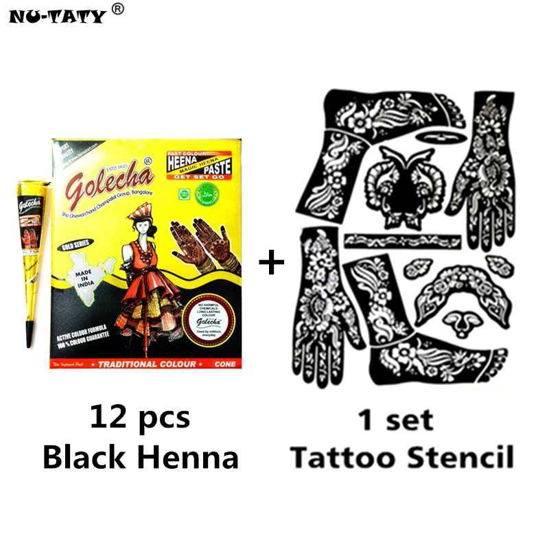 12 шт./лот + трафарет Mehndi черная хна тату паста конус Временная вспышка боди арт