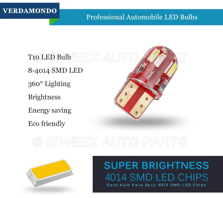 1 Pcs Car LED T10 4014 8 SMD Shallow light indicator Lamp Silica Gel W5W 194 Canbus Error Free Side Light White 12V | Автомобили и