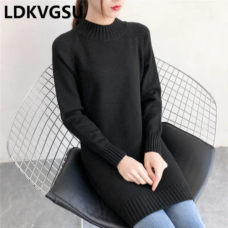 Long Sweater Female 2019 Autumn Winter New Women's Korean Loose Large Size Thick Round Neck Solid Color Knit Dress Is1559 | Женская