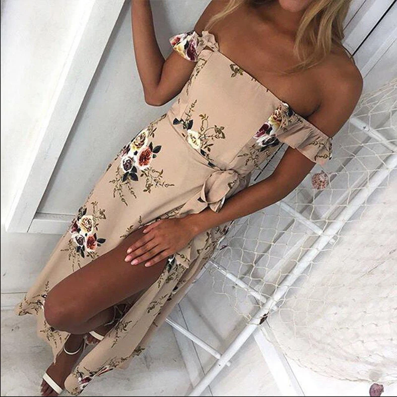 Summer 2018 New Long Dress Women Off Shoulder Thin Belt Maxi Dresses Vestidos Sexy White Split Beach Strapless Boho Style | Женская