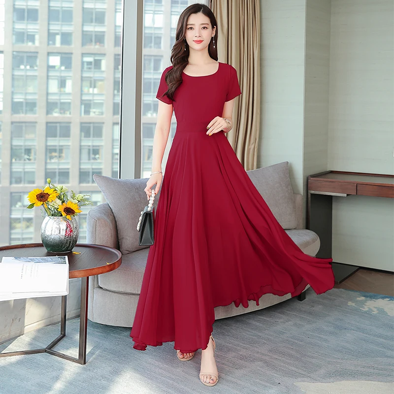 

2019 Summer New Arrival High Quality Plus Size M-3XL Bohemian Round Collar Flower Printed Woman Long Chiffon Dress
