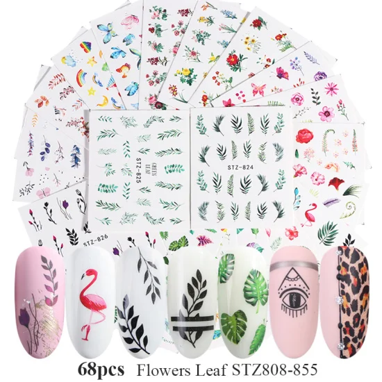 STZ808-855 68pcs 1 Набор наклеек для ногтей, летний цветной дизайн, переводные наклейки для воды, наборы цветов/перьев, декор для ногтей, советы для красоты, TRSTZ608-658-1 - Цвет: STZ808-855 68pcs