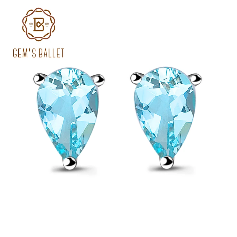 Серьги-пусеты GEM'S BALLET Pear 4x6 мм небесно-голубой топаз из серебра 925 пробы