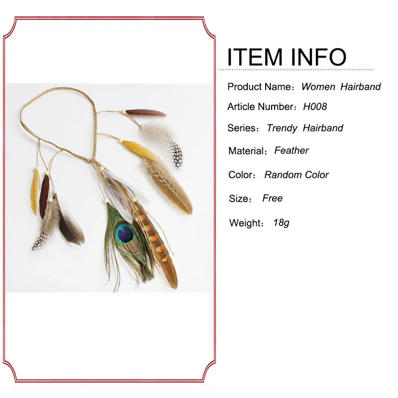 F&ampU New Accessories Hair Band Indian Peacock Feather Pendant Headband Rope Knitted Belt Elastic Hairband | Украшения и