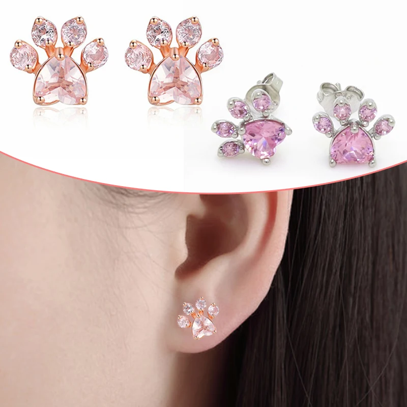 

Stud Earrings 1Pair Rose Golden Dog Paw Print Small Animal Shiny for women Silvery Crystal Cute Dog Paw Earring