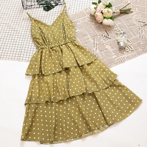 Three layers Green Летний точка спагетти ремень платье Для женщин ниспадающей оборкой многослойная платья без рукавов с v-образным вырезом сарафан партия Vestidos Mw614 - Цвет: Three layers Green